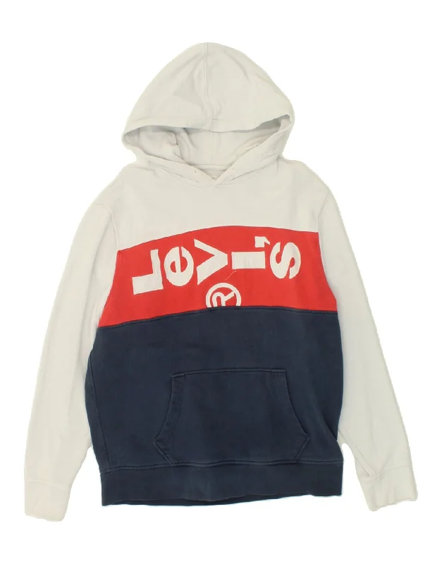 LEVI'S Mens Graphic Hoodie Jumper Large White Colourblock Cotton Hoodie with Thumb Holes Functional Cozy