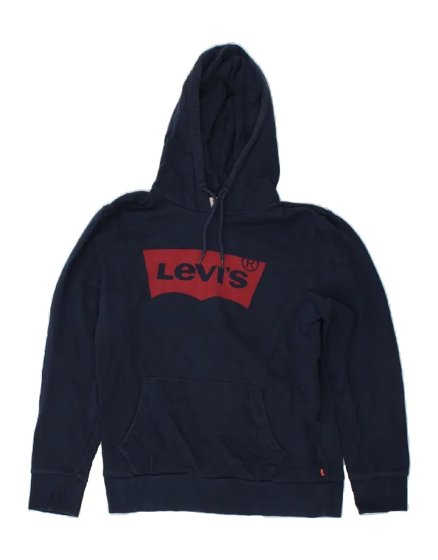 LEVI'S Mens Graphic Hoodie Jumper Medium Navy Blue Cotton Hoodie with Back Slit Movement Comfort