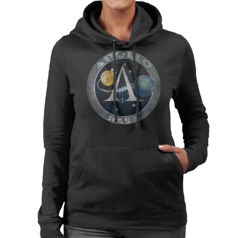 NASA Apollo Program Logo Badge Distressed Women's Hooded Sweatshirt Hoodie with Ribbed Cuffs Snug Fit Comfort