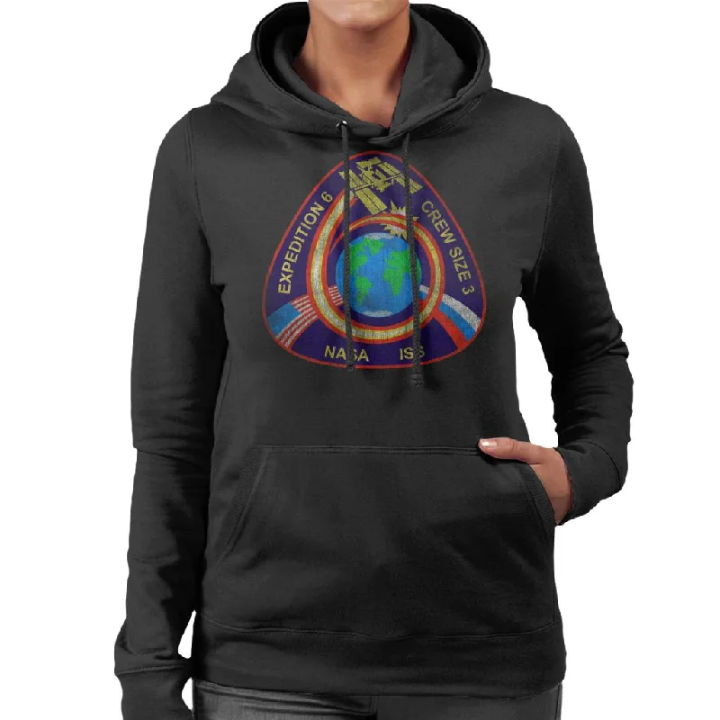 NASA ISS Expedition 6 STS 113 Mission Badge Distressed Women's Hooded Sweatshirt Zip Hoodie Drawstring Kangaroo Pocket