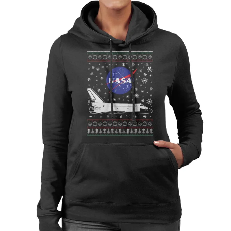 NASA Logo And Shuttle Christmas Knit Pattern Women's Hooded Sweatshirt Hoodie with Slit Hem Functional Movement