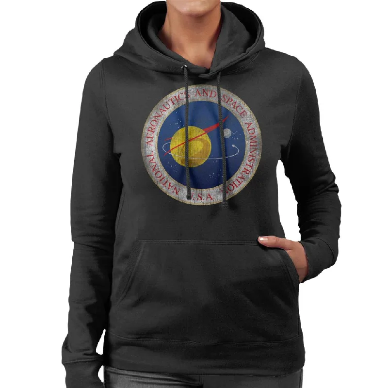 NASA Seal Insignia Distressed Women's Hooded Sweatshirt Hoodie with Hem Raw Edge Edgy Unfinished