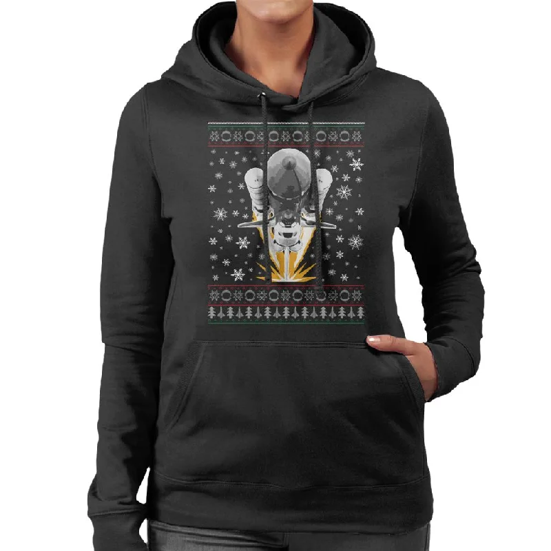 NASA Shuttle Launch Christmas Knit Pattern Women's Hooded Sweatshirt Hoodie with Hem Embroidery Detailed Premium