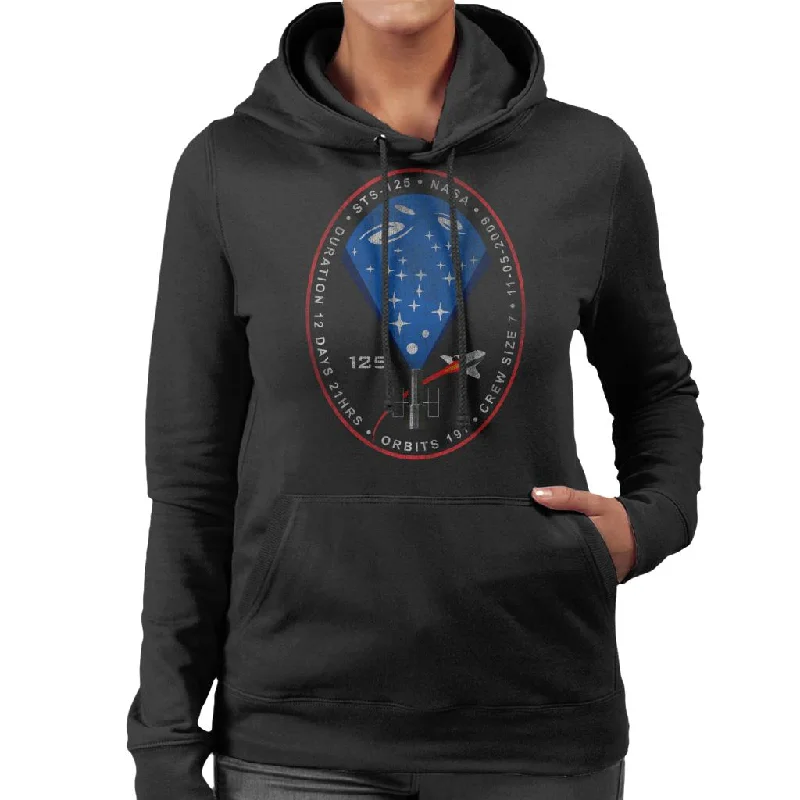 NASA STS 125 Atlantis Mission Badge Distressed Women's Hooded Sweatshirt Hoodie with Elastic Cuffs Stretchable Comfortable