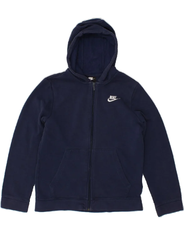 NIKE Boys Zip Hoodie Sweater 12-13 Years Large Navy Blue Hoodie with Hem Drawcord Adjustable Customizable