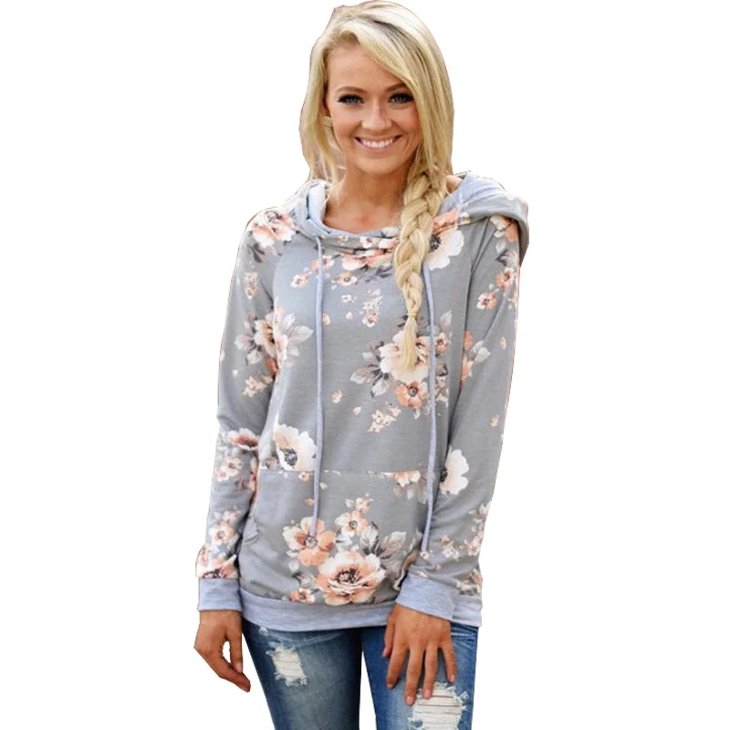 Printed Floral Hoodies Women 2017 Autumn Winter New Fashion Casual Gray Hooded Sweatshirt Female Long Sleeve Pullovers Hoodie with Earth Tones Natural Calm