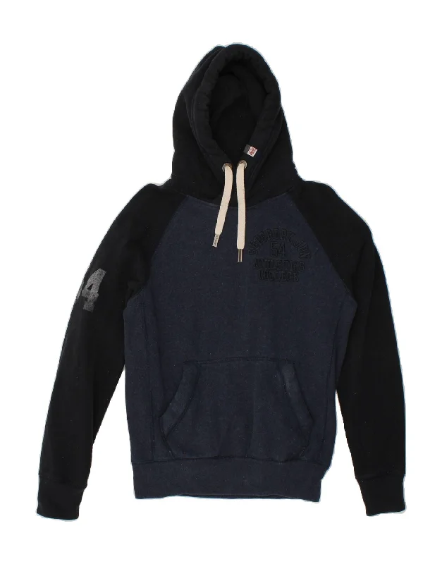 SUPERDRY Mens Graphic Hoodie Jumper Medium Navy Blue Colourblock Cotton Hoodie with Set-In Sleeves Structured Classic