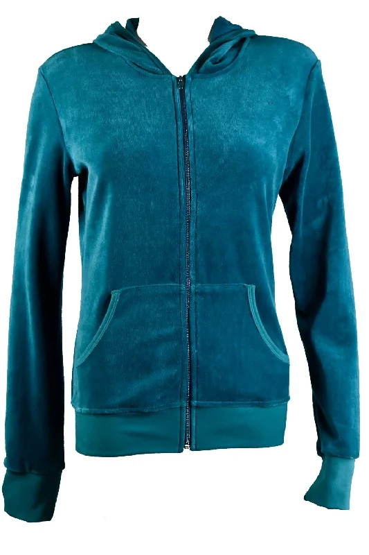 Teal Velour Zip Hoodie Hoodie with Rhinestones Sparkly Elegant