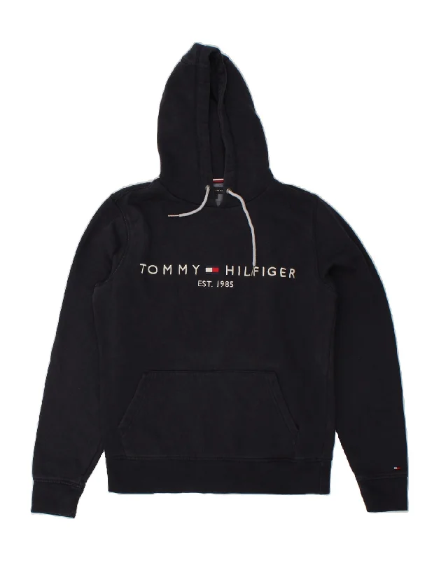 TOMMY HILFIGER Mens Graphic Hoodie Jumper Small Navy Blue Cotton Hoodie with Embroidery Detailed Premium