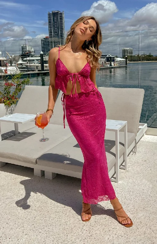 Alexia Fuschia Lace Tie Up Maxi Skirt high slit skirt