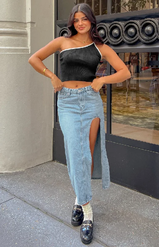 Aysha Cutout Blue Denim Midi Skirt button skirt front