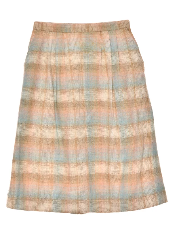 Checked Light Blue & Light Brown Midi Skirt - M breathable skirt fabric