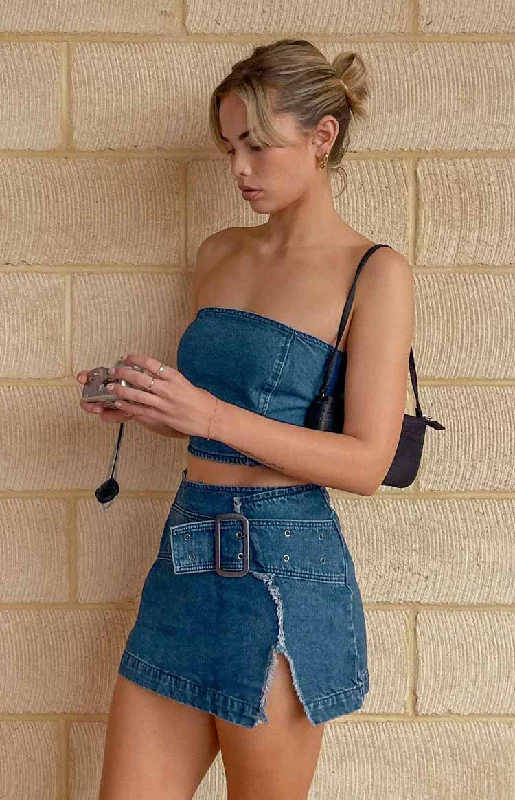 Elouise Buckle Denim Mini Skirt spandex blend skirt