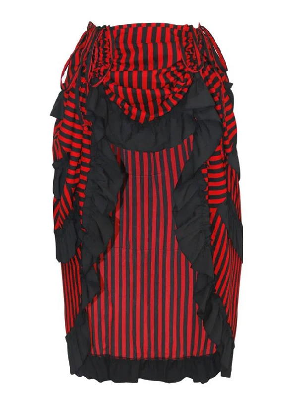 Victorian Steampunk Gothic Irregular High-low Ruffle Skirt /Black and Red Stripes leather skirt sleek