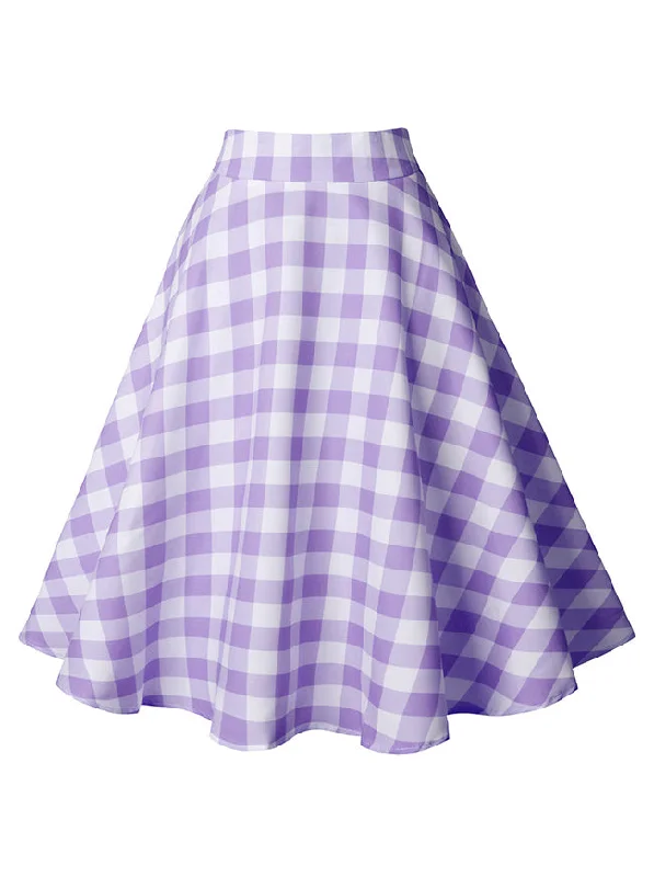 Women's Fashion Vintage Cotton Plaid High Waist Ruffle Swing Midi Skirt Purple Skirt vintage skirt charm