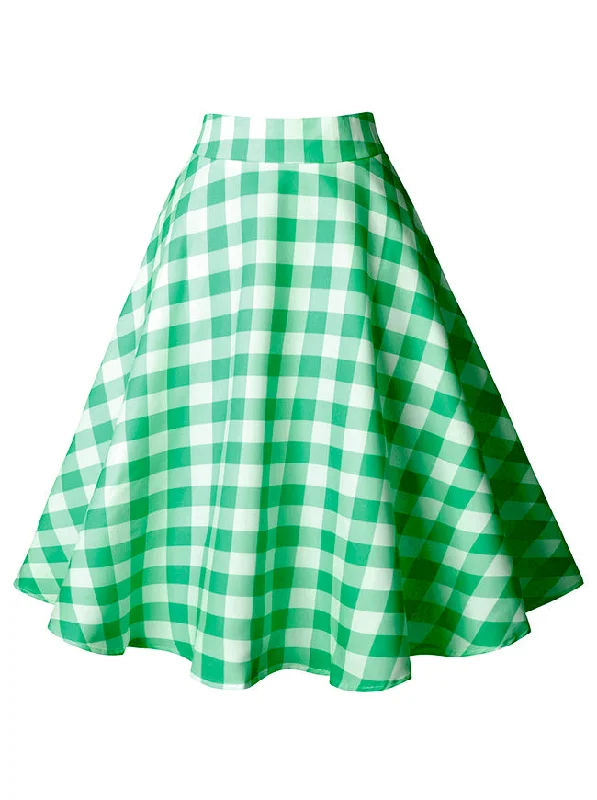 Women's Fashion Vintage Cotton Plaid Ruffle High Waist Swing Midi Skirt Green Skirt floral skirt print