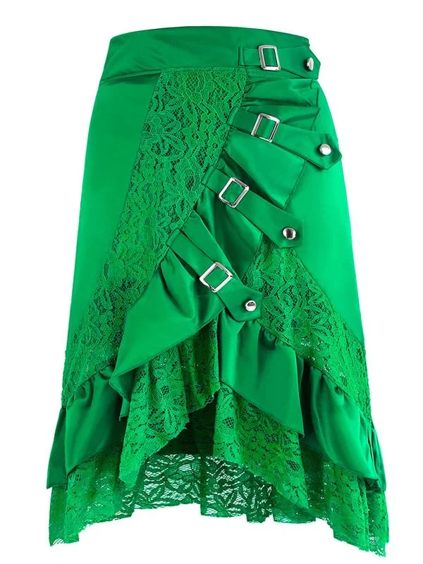 Women's Vintage Gothic Punk Green Asymmetry Lace Patchwork Slim Fit Skirt belted skirt waist