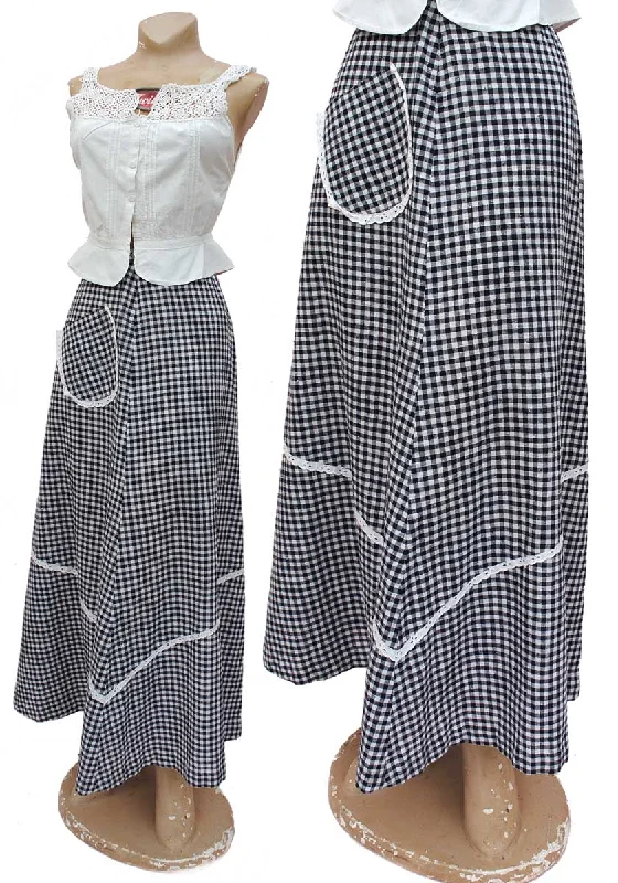 1970s Vintage Blue Gingham Maxi Skirt with Pocket and Lace Trim lace skirt delicate