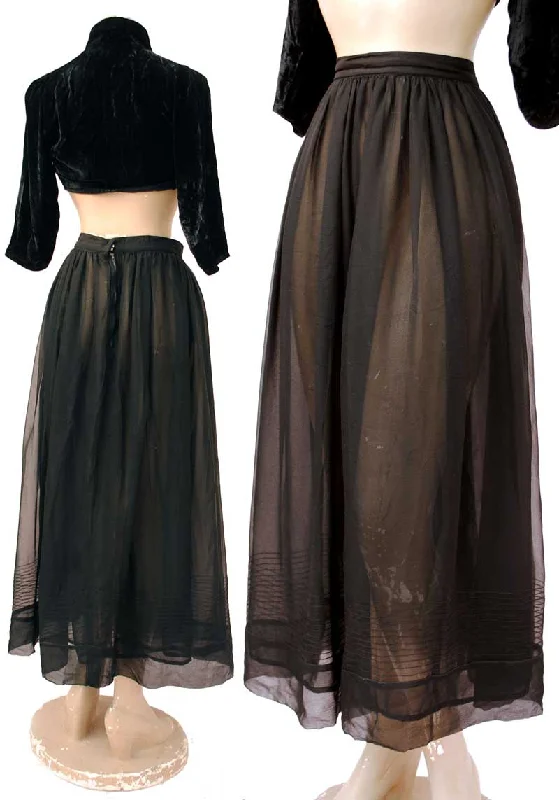 Glamorous Vintage Sheer Black Silk Georgette Evening Maxi Skirt elastic waist skirt