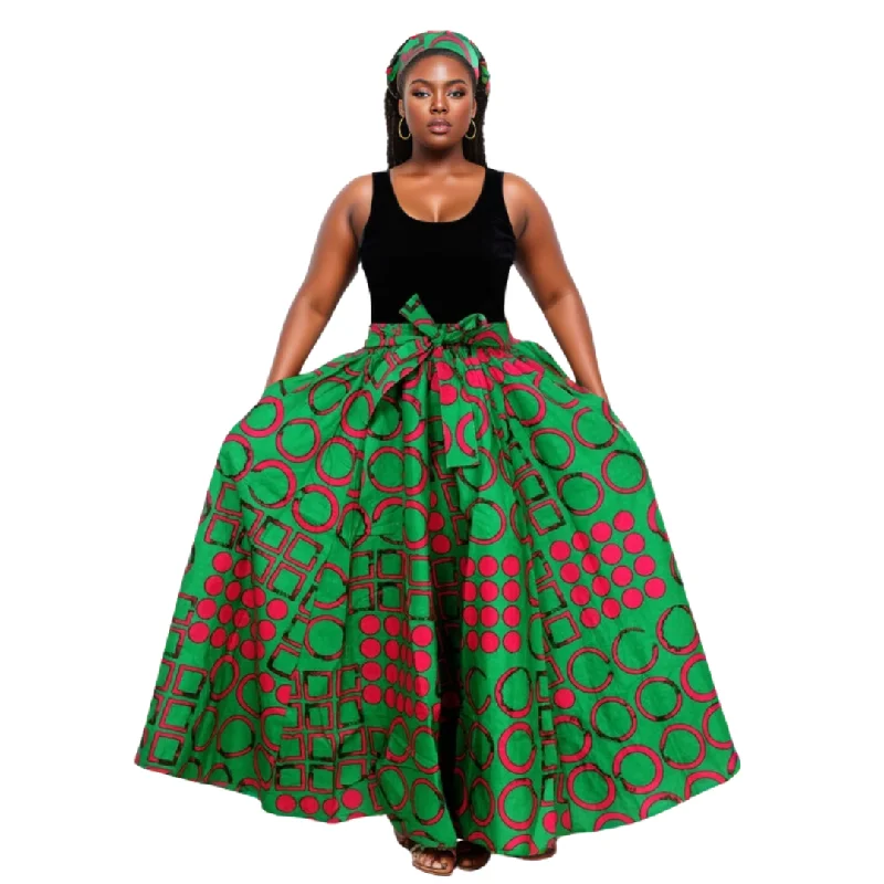 African Print Maxi Skirt with Pockets and Headwrap tiered skirt playful