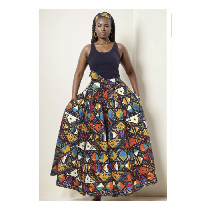 African Ankara Print Maxi Skirt with Pockets and Headwrap elastic waist skirt