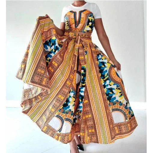 African Dashiki Print Maxi Skirt Free size- STRETCH FITS M TO 2XL silk skirt lustrous