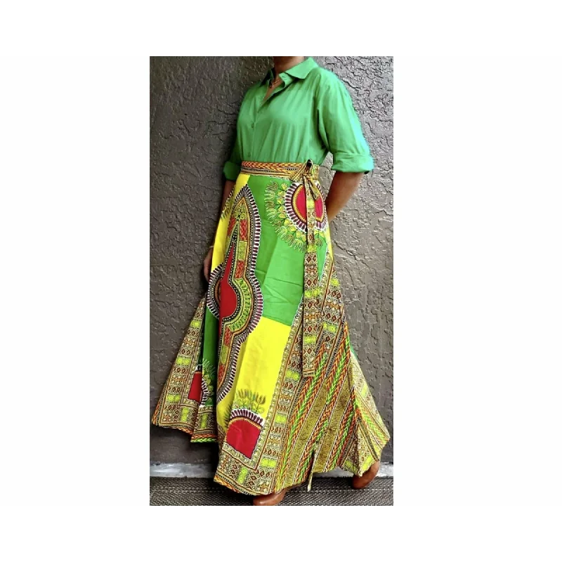 African Print Ankara Dashiki Style Long Maxi Wrap Skirt with matching Sash silk skirt sleek