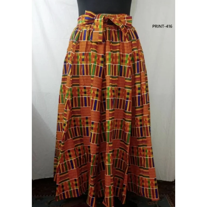 African Print Ankara Long Maxi Skirt with Headwrap - Yellow Kente lightweight skirt design