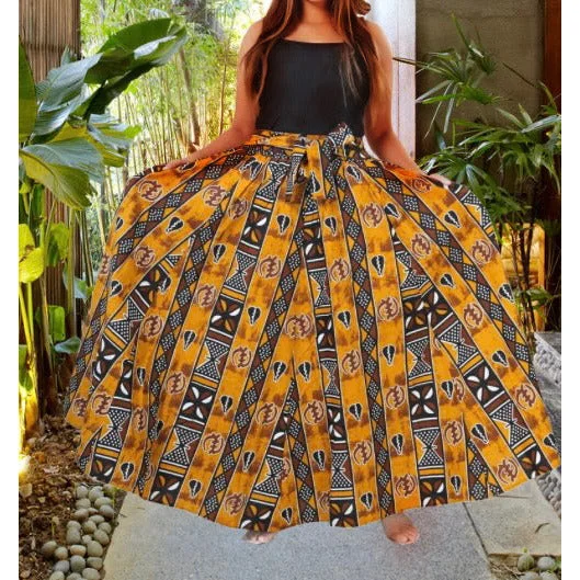 African Print Ankara Long Maxi Skirt with matching Sash Yellow lace skirt romantic