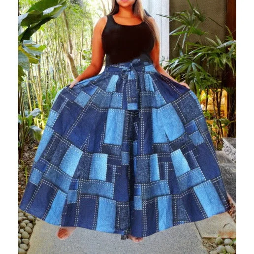 African Print Ankara Long Maxi Skirt with matching Sash Denim denim skirt trendy