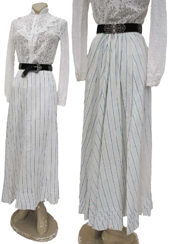 Antique Edwardian White and Blue Striped Cotton Skirt • Lace Trim Ruffles wrap skirt elegant