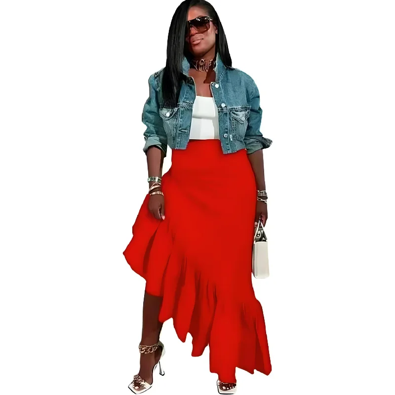 Asymmetrical Long Ruffle Hem Zipper Maxi Skirt leather skirt bold