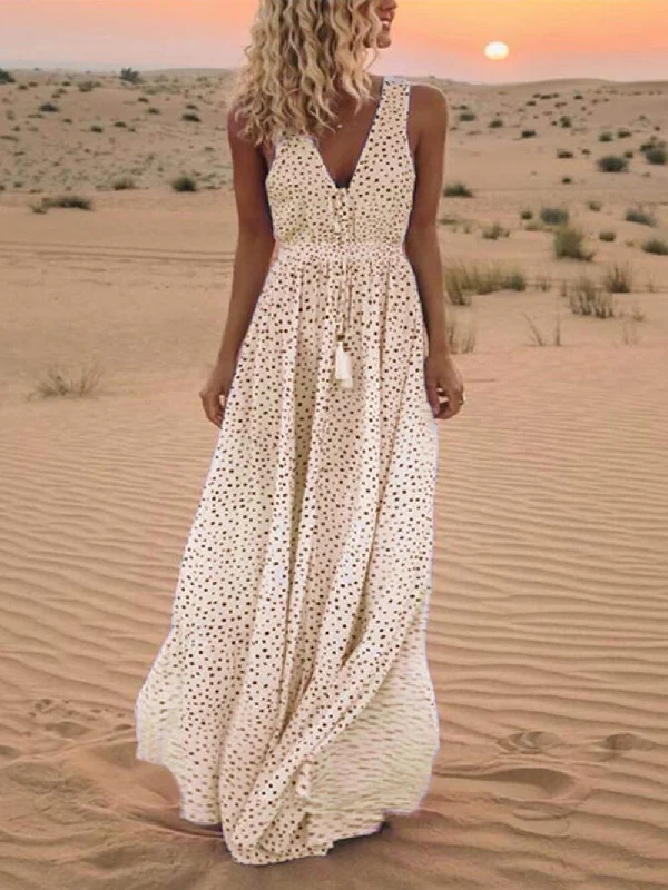 Bohemian V-Neck Sleeveless Charming Polka-Dot Maxi Skirt flowy skirt hem