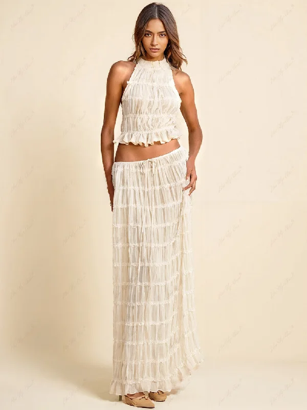 Charm Pleated Drawstring Charming Waist Tiered Maxi Skirt silk skirt lustrous