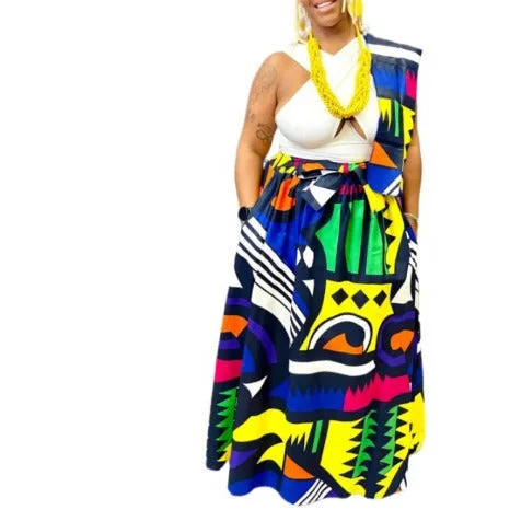 African Print Ankara Long Maxi Skirt with matching Sash Woman Mid Length Skirt, Wax Cotton, leather skirt modern