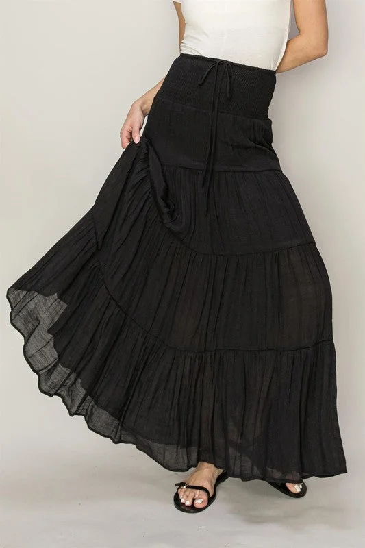 D-Drawstring Waist Tiered Maxi Skirt *Online Only* chiffon skirt airy