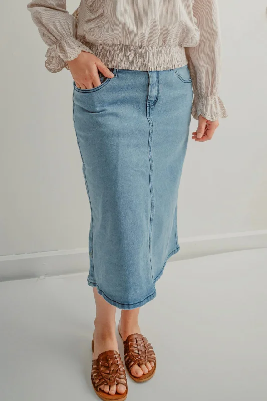 Kennedy Denim Midi Skirt in Stone Wash - FINAL SALE velvet skirt glossy