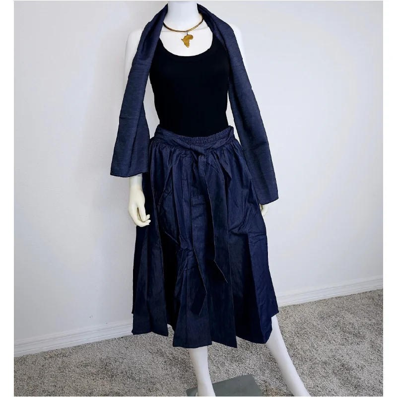 Long Maxi Skirt with matching Sash - Denim / Jean lace skirt romantic