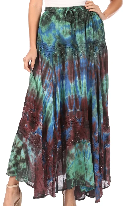 Sakkas Ester Womens Simple  Boho Maxi Full circle Tie-dye Skirt with Elastic Waist linen skirt airy