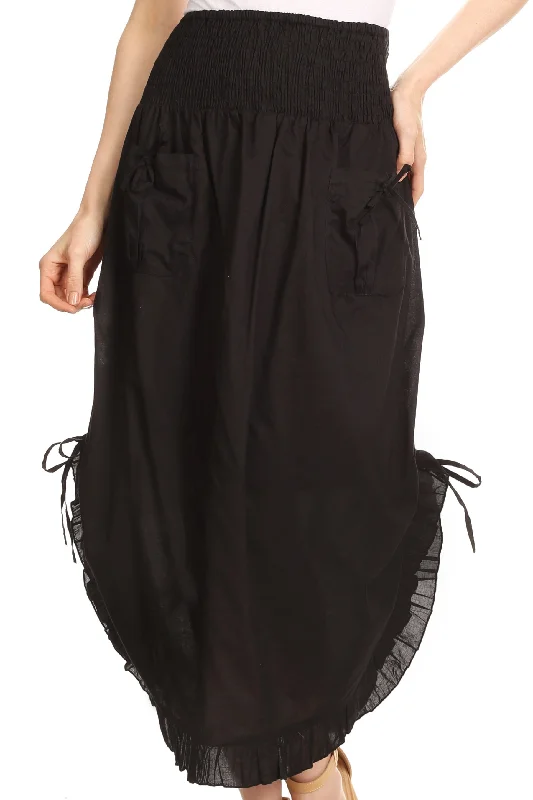 Sakkas Coco Long Cotton Ruffle Skirt with Pockets and Elastic Waistband leather skirt modern