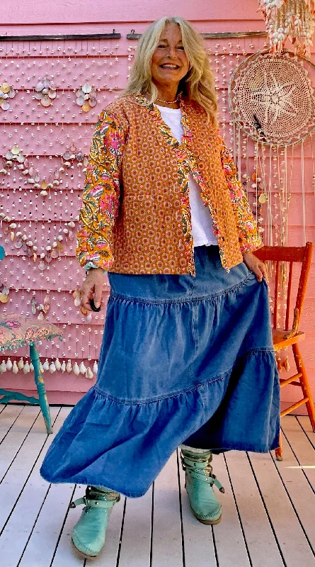 Spring Gypsy Denim Maxi Skirt floral skirt print