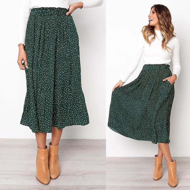 White Dots Floral Print Pleated Midi Skirt Women Elastic High Waist Side Pockets Skirts Summer 2020 Elegant Female Bottom slim fit skirt