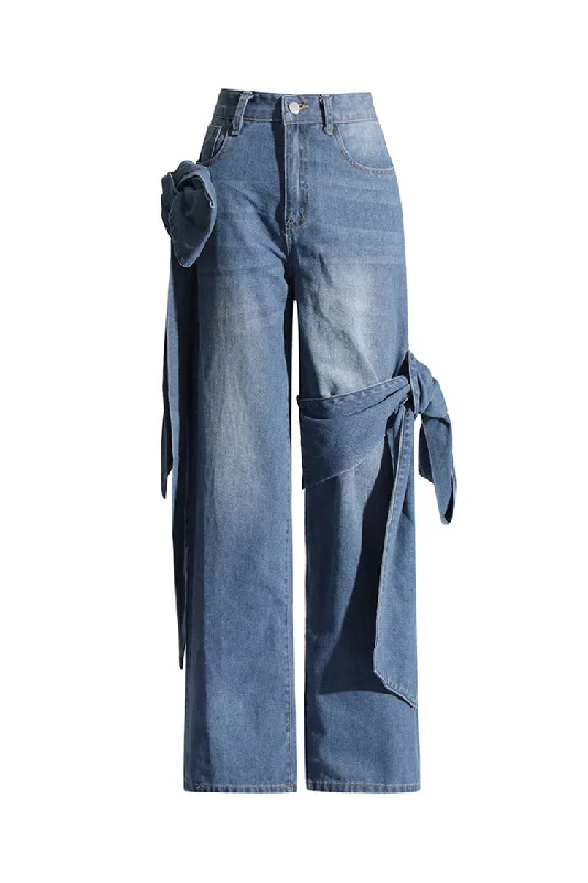 Asymmetric Draped Bowknot High Waist Straight Leg Full Length Jeans Elegant Wide-Leg Jeans