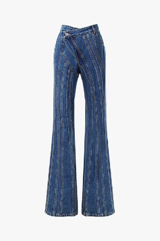 Asymmetrical 90s Crossover Waist Striped Seam Fit & Flare Denim Jeans Chic Ripped Jeans