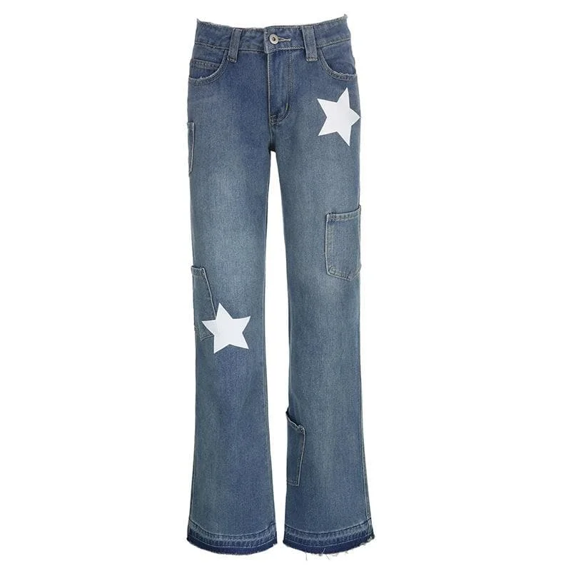 Contrast star pattern raw hem pocket straight leg jeans Stylish High-Waisted Denim