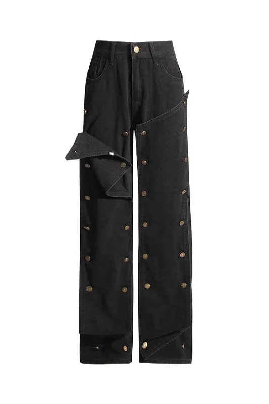 Creative DIY Button High Waist Straight Leg Full Length Denim Jeans Fashionable Straight Cut Jeans