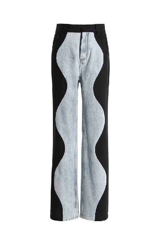Creative Two Tone Wavy Effect High Waist Wide Leg Full Length Hybrid Jeans Comfortable Dark Wash Jeans