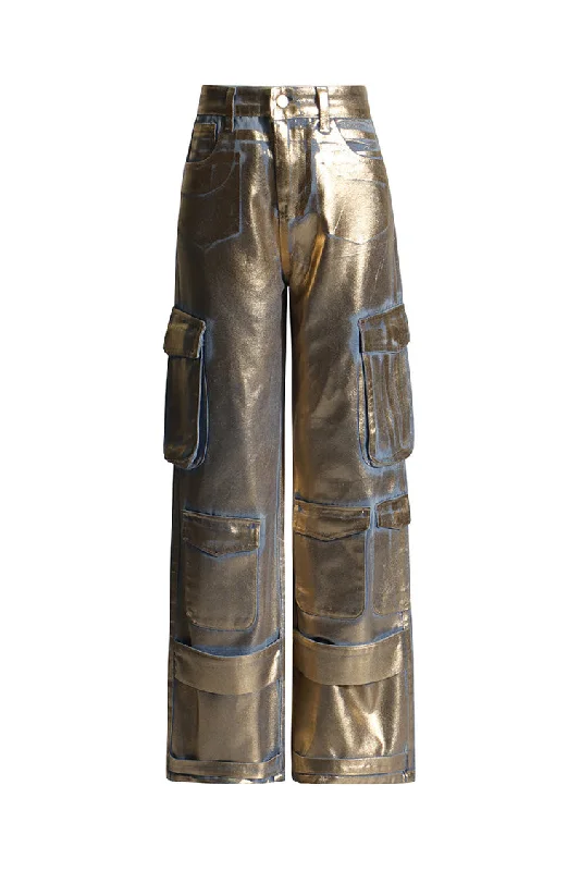 Distinctive Gold Foil High Waist Wide Leg Cargo Pocket Full Length Jeans Trendy Vintage Denim Jeans