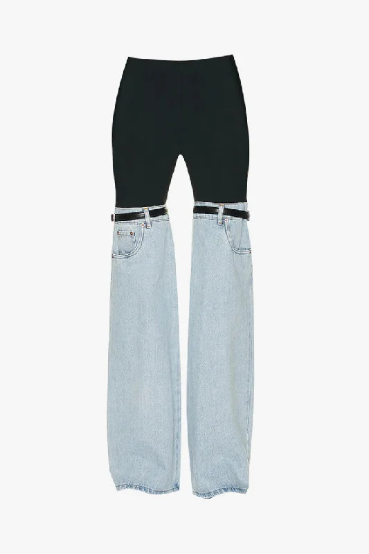 Eclectic Style High Waist Pocket Trim Belted Fit & Flare Spliced Denim Jeans Cozy Relaxed Fit Jeans