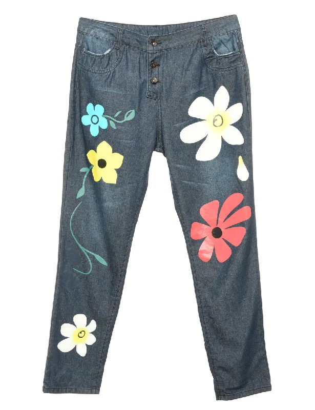 Indigo Floral Paint Tapered Jeans - W34 L31 Comfortable Boyfriend Jeans